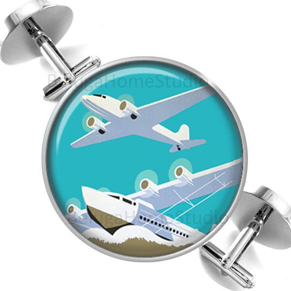 Manschettenknöpfe Pop Art Durch Luft Und Meer Flugzeuge Schiff in Turqoise Trauzeugen Hochzeit Party Väter Männer von BelugaHomeStudio