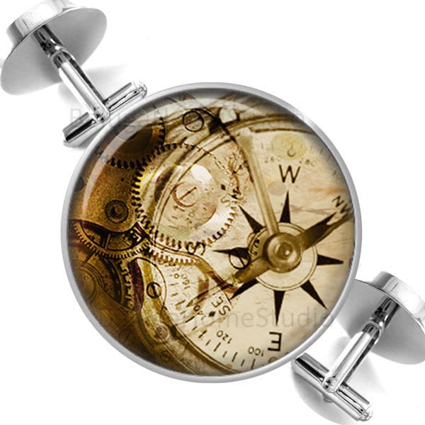 Manschettenknöpfe-steampunk-Sepia-Kompass Über Zeit Trauzeugen Hochzeit Partei Väter Väter-Männer von BelugaHomeStudio