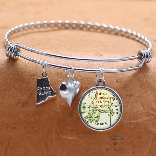 Newport Rhode Island Karte Charm Armband Zustand Der Ri Bangle Armreif Landkarte Schmuck Edelstahl Geschenke Für Sie von BelugaHomeStudio