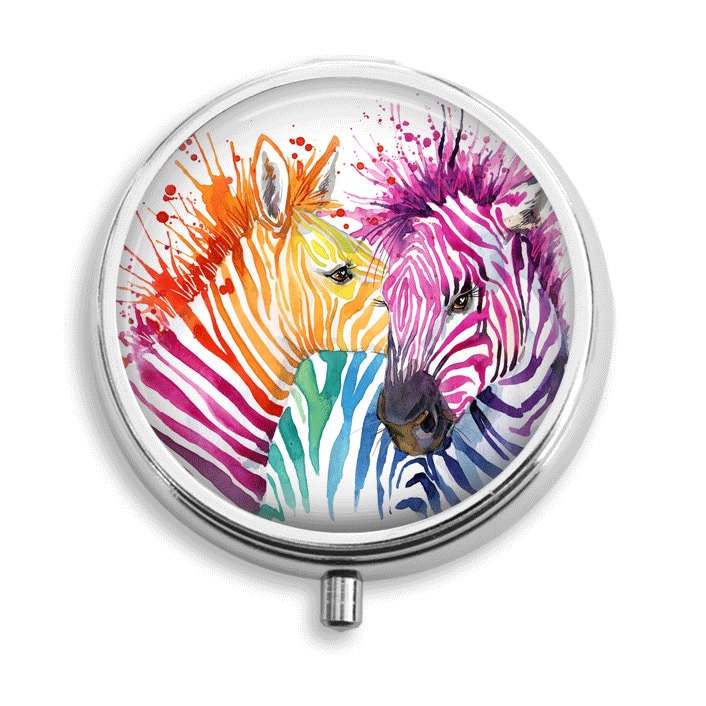 Pill Box Pille Fall Aquarell Tiere Regenbogen Zebra Halter Behälter Trinket Pillbox Vitamin Medizin Mint Zinn von BelugaHomeStudio