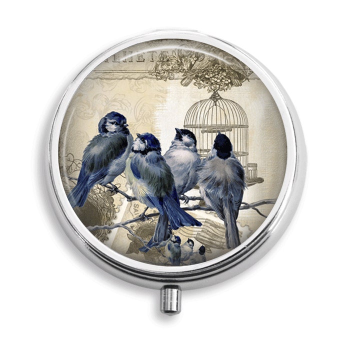 Pill Box Pille Fall Bluebirds Blau Vogel Party Halter Behälter Trinket Pillbox Vitamin Medizin Mint Zinn von BelugaHomeStudio
