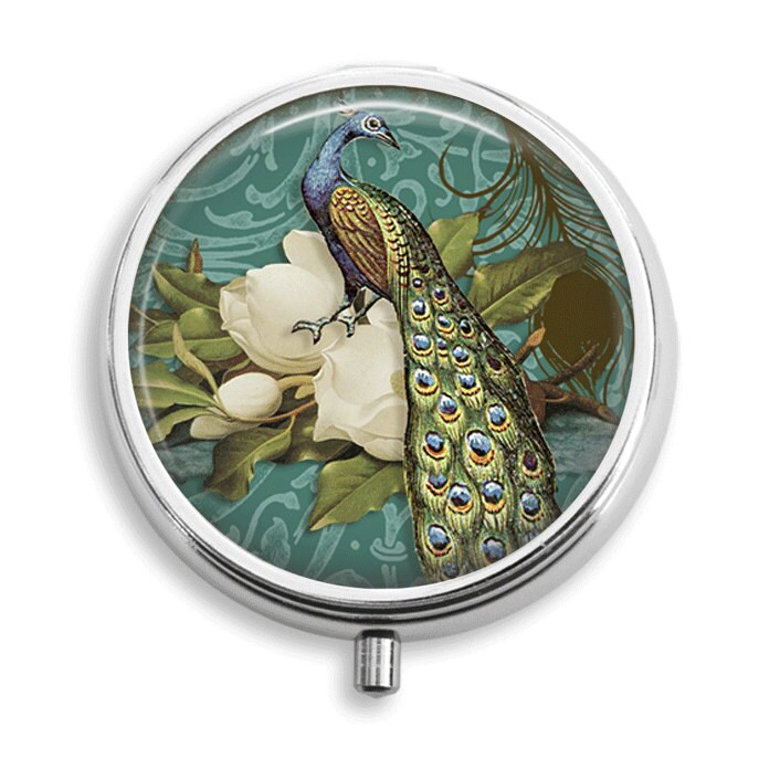 Pill Box Pille Fall Petrol Pfau Weiße Blume Halter Behälter Trinket Pillbox Vitamin Medizin Mint Zinn Geschenke Ihr von BelugaHomeStudio
