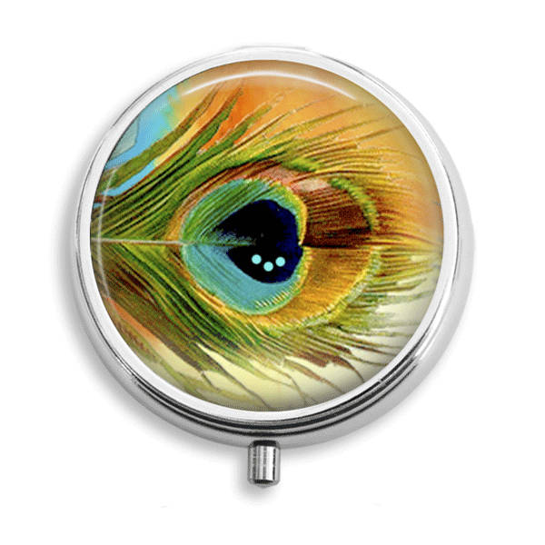 Pille Box Fall Aquarell Stil Pfau Feder Design 2 Halter Behälter Trinket Vitamin Medizin Mint Zinn von BelugaHomeStudio