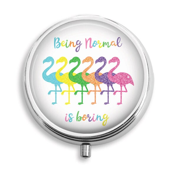 Pille Box Fall Bunte Flamingos Humorvolle Spruch Halter Behälter Trinket Pillbox Vitamin Medizin Mint Zinn von BelugaHomeStudio