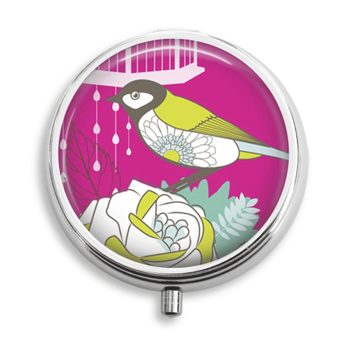 Pille Box Fall Mod Vogel Auf Rose in Rosa Lime Grün Petrol Weiß Halter Behälter Trinket Vitamin Medizin von BelugaHomeStudio