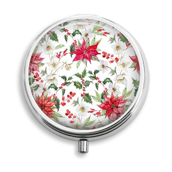 Pille Box Poinsetta Blume Muster Halter Behälter Trinket Pillbox Vitamin Medizin Minze Zinn von BelugaHomeStudio