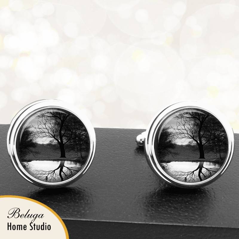 Schwarz Und Weiß Reflexionen Manschettenknöpfe Tree Silhouette Handgefertigte Für Männer, Trauzeugen, Jubiläen, Hochzeiten von BelugaHomeStudio