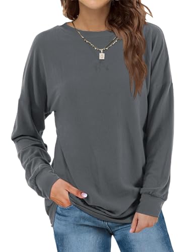 Beluring Langarmshirt Damen Elegant Oberteile Rundhalsausschnitt Einfarbig Casual Sweatshirt Grau XL von Beluring