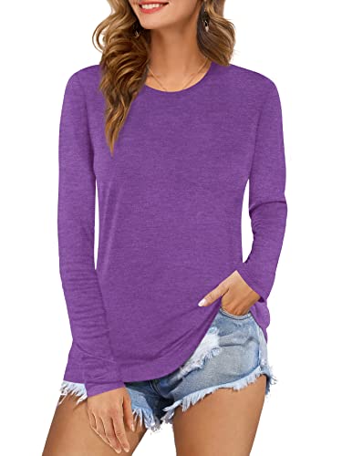 Beluring Basic T Shirt Longshirt Damen Langarm Bluse Herbst Oberteil O Neck Tshirt Summer Tops Lila XL von Beluring