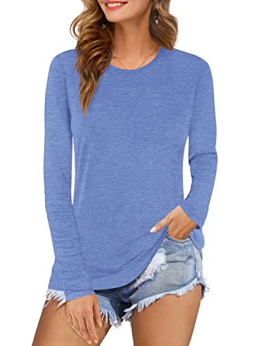 Beluring Basic Tshirt Damen Langarmshirt Rundhals Lässig Shirt Bluse Longsleeve T-Shirt Einfarbig Blau M von Beluring