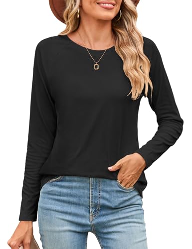 Beluring Bluse Damen Elegant Herbst Langarm Scoop-Ausschnitt Tshirt Basic Oberteile Schwarz S von Beluring
