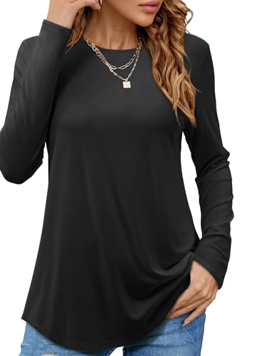 Beluring Bluse Damen Elegant Langarm Oberteile Rundhalsausschnitt Lang T-Shirt Schwarz M von Beluring