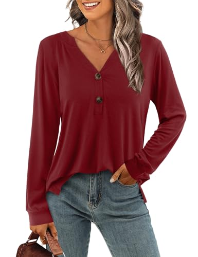 Beluring Bluse Damen Elegant Oberteile Langarm T-Shirt V-Ausschnitt Locker Shirts Weinrot XXL von Beluring