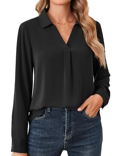 Beluring Bluse Damen Elegant V-Ausschnitt Shirts Herbst Langarm Plissee Hemdbluse Schwarz L von Beluring