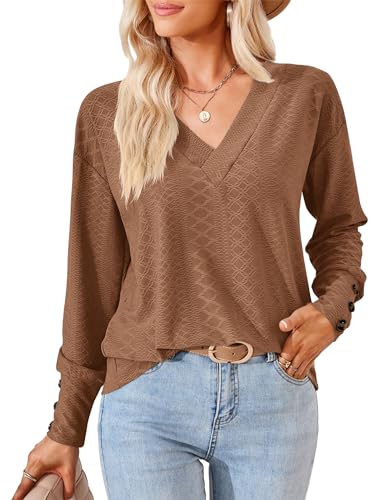 Beluring Bluse Damen Herbst Langarm Tshirt V-Ausschnitt Loose Oberteile Braun XL von Beluring