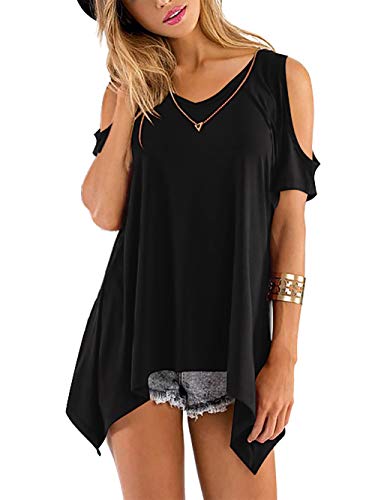 Beluring Oberteile Dame Sommer Kurzarm Shirt Off Shoulder V-Ausschnitt T-Shirt Schwarz, 54-56 (Herstellergröße: 2XL) von Beluring