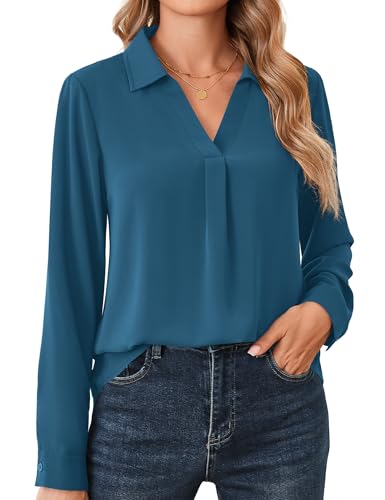 Beluring Bluse Damen Lässig Langarm Longbluse V-Ausschnitt Lose Büroblusen Pfauenblau XL von Beluring