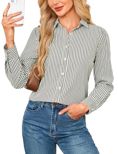Beluring Damen Bluse Elegant Langarm Tops Streifen Langarm V-Ausschnitt Button Down Longbluse Schwarz-Weiß XL von Beluring