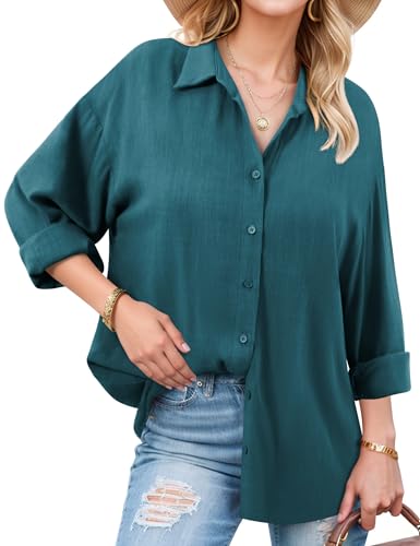Beluring Leinenbluse Damen Lässig Langarm Einfarbig Shirts Button Down Oberteile Blusenshirt Pfauenblau S von Beluring