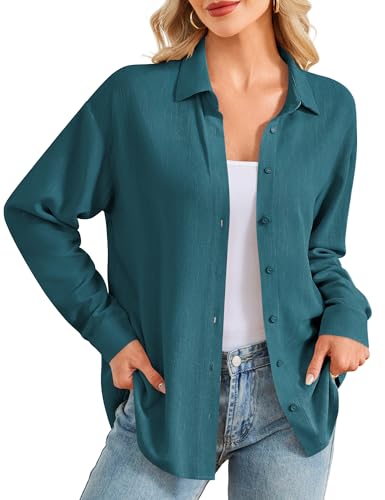 Beluring Langarmshirts für Damen Elegant Button Down Shirts V-Ausschnitt Hemdbluse Lose Blusen Pfauenblau XL von Beluring