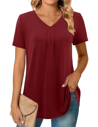 Beluring Bluse Damen Sommer T-Shirt Kurzarm V-Ausschnitt Tunika Longshirt Weinrot S von Beluring