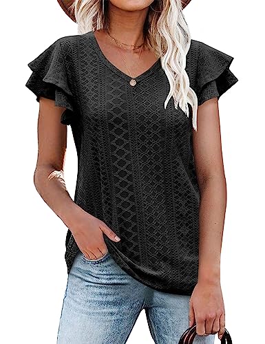 Beluring Bluse Damen Sommer Kurzarm T-Shirts V Ausschnitt Spitze Oberteile Schwarz S von Beluring