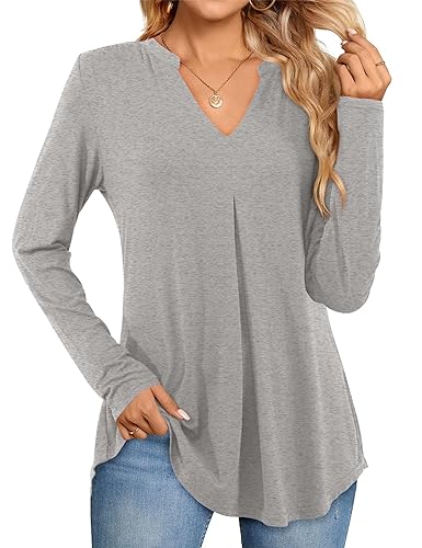 Beluring T-Shirt Damen Elegant Langarm Oberteile Herbst V-Ausschnitt Swing Saum Longshirt Grau L von Beluring