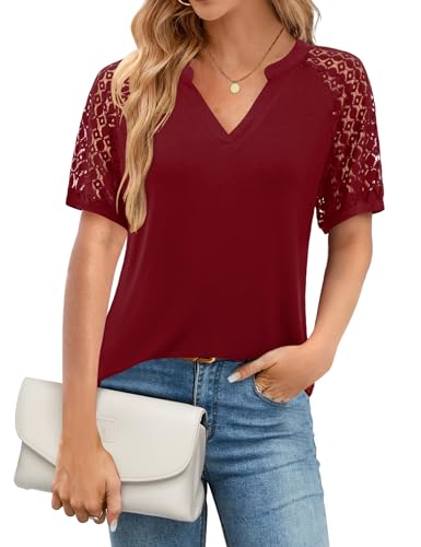 Beluring Blusenshirt Damen Elegant Kurzarm Oberteile Sommer Geschwungener Saum T-Shirt Weinrot M von Beluring