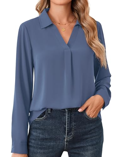 Beluring Blusenshirt Damen Lässig Langarm Oberteile V-Ausschnitt Tunika Bluse Blau M von Beluring