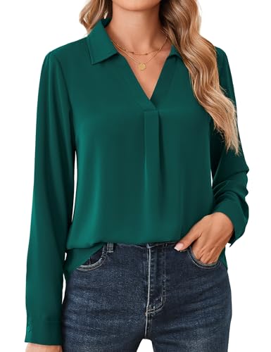 Beluring Blusenshirt Damen V-Ausschnitt Hemd Langarm Elegant Oberteile Tunika Shirt Dunkelgrün XXL von Beluring