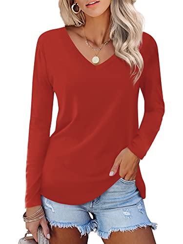 Beluring Damen Baggy Langarm T-Shirts V-Ausschnitt Solid Basic Tops Rot XL von Beluring