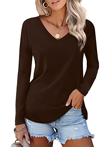 Beluring Damen Baggy V-Ausschnitt Oberteile Casual Langarm T-Shirts Basic Lose Bluse Braun XXL von Beluring