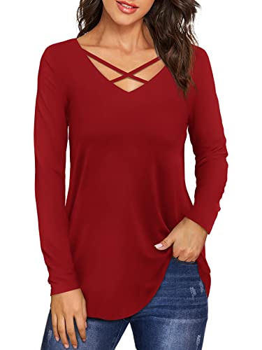 Beluring Damen Basic Langarm T-Shirts Herbst Geschwungener Saum Baggy Tops V-Ausschnitt Oberteile Rot XL von Beluring