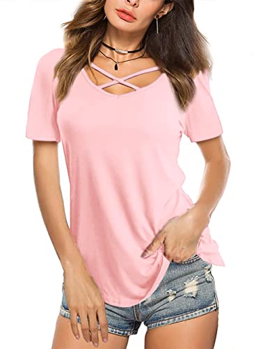 Beluring Damen Oberteile Sexy Sommer V Ausschnitt Locker Shirt Elegant Kurzarm Longtop, Rosa M von Beluring