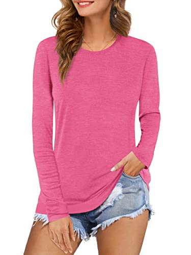 Beluring Damen Basic Tshirt Rundhals Langarmshirt Lässig Shirt Bluse Longsleeve T-Shirt Einfarbig Rosa S von Beluring