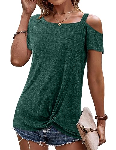 Beluring Damen Bluse One-Shoulder T-Shirt Sommer Schulterfrei Oberteile Lose Asymmetrisch Tunika Dunkelgrün XXL von Beluring