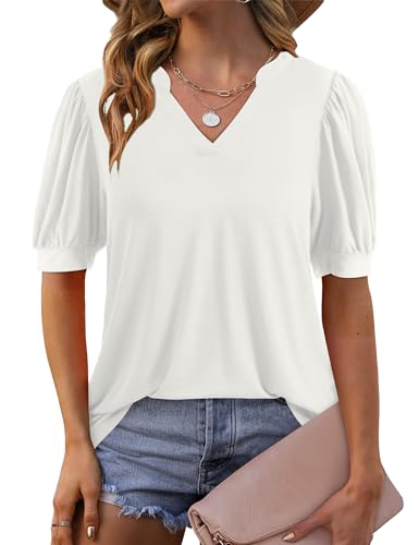 Beluring Damen Blusen Kurzarm Sommer Basic Shirt V-Ausschnitt Bequem T Shirt Weiß M von Beluring
