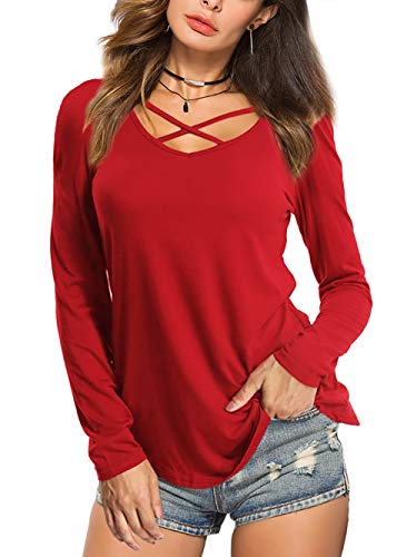 Beluring Damen Blusen Solide Gekreuzter V-Ausschnitt Tops T-Shirt für Herbst Herbst Rot M von Beluring