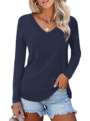 Beluring Damen Casual Langarm T-Shirt Elegantes V-Ausschnitt Tops für den täglichen Gebrauch Dunkelblau S von Beluring