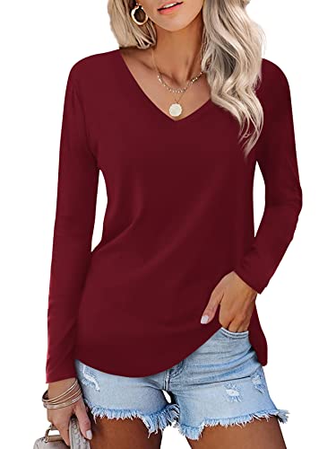 Beluring Damen Casual Langarm Tshirts V-Ausschnitt Oberteile Basic Shirts Burgund M von Beluring