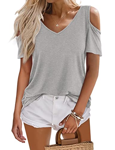 Beluring Damen Oberteile V Ausschnitt Kurzarm Sommer Schulterfrei Tunika Tshirt Grau XL von Beluring