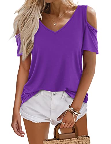 Beluring Damen Sommer Offene Schulter T-Shirts V-Ausschnitt Elegant Tunika Oberteil Lila XL von Beluring