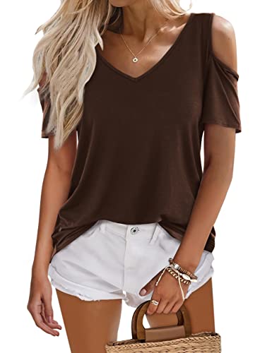 Beluring Damen Oberteil Offene Schulter V-Ausschnitt Sommer Kurzarm Shirts Kaffee XXL von Beluring