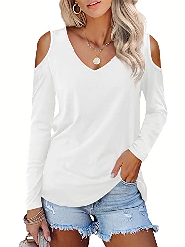 Beluring Damen Casual Offene Schulter Langarm V-Ausschnitt Basic T-Shirts Bluse Oberteile Weiß L von Beluring