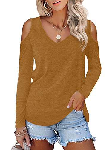 Beluring Damen Casual T-Shirts Sexy Tunika Schulterfrei V-Ausschnitt Tshirt Offene Schickes Schulter Elegant Oberteile Langarmshirts Kaffee S von Beluring