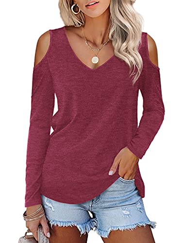 Beluring Damen Einfache Bluse Kalte Schulter V Ausschnitt Langarm Einfarbig Oberteile T-Shirts Burgund M von Beluring