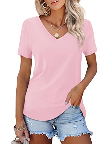 Beluring Damen Einfache V-Ausschnitt Tops Baggy Kurzarm Weiche T-Shirts Rosa L von Beluring