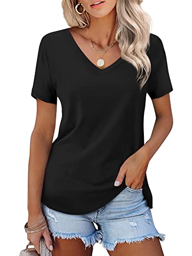 Beluring Damen Einfarbig Kurzarm Oberteile V-Ausschnitt Sportlich Loose Fit Tops Schwarz XXL von Beluring