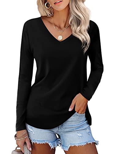 Beluring Damen Einfarbig Langarm T-Shirt V-Ausschnitt Sportliche Oberteile Weich Bequem Schwarz XXL von Beluring