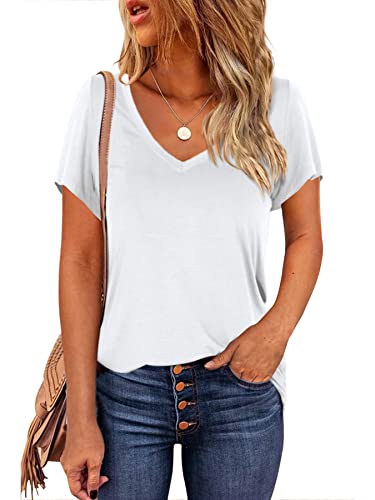 Beluring Damen Basic Shirt Kurzarm Sexy V Ausschnitt Blusen Einfarbig Oberteile Weiß S von Beluring